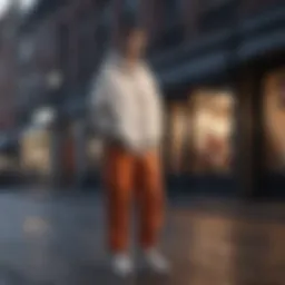 A stylish ensemble featuring oversized garments in a chic urban setting.