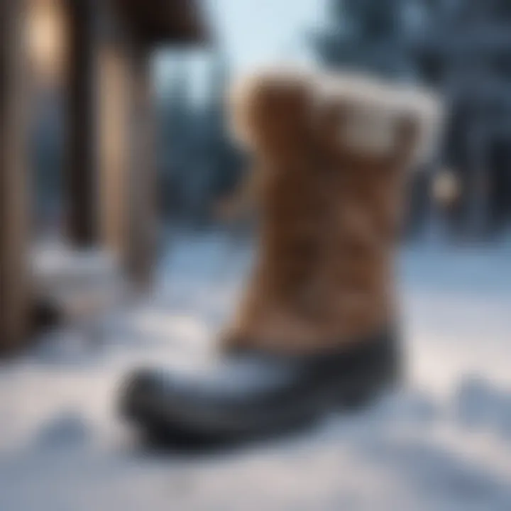 Snow boot in a rustic winter setting