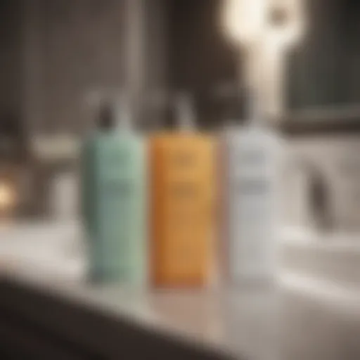 A diverse range of facial cleansers on a bathroom counter