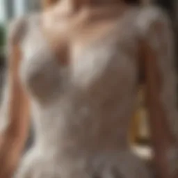 Elegant Bridgerton-style prom dress with intricate lace and floral motifs