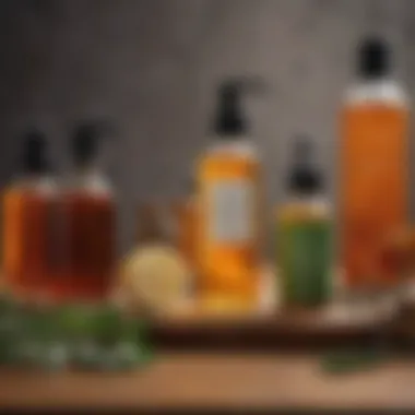Natural oils and hair care products arranged on a wooden table