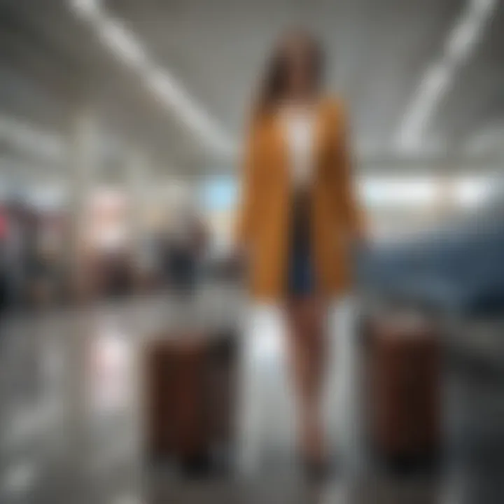 A traveler showcasing fashionable luggage on an airport terminal