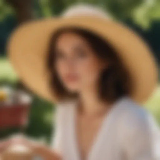 Elegant woman wearing a wide brim straw hat at a summer picnic