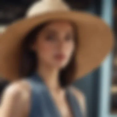 Stylish woman accessorizing her outfit with a wide brim straw hat