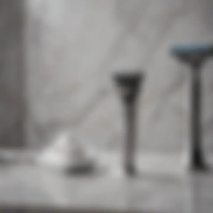 Close-up of a razor and shaving cream on a marble countertop.