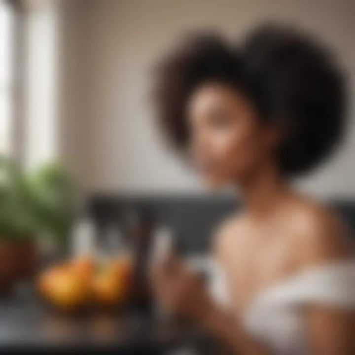 Hair care routine featuring detangling products with a serene backdrop