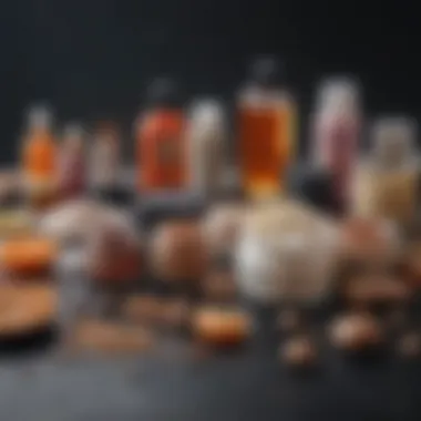 A close-up of various beauty product ingredients spread out on a flat surface