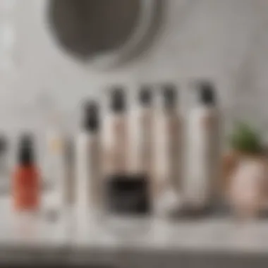 A serene skincare routine laid out with various products and tools on a marble countertop