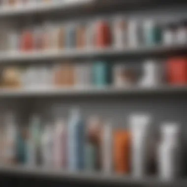 An array of commercial acne treatment products neatly displayed on a shelf.