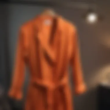Elegant Display of Orange Silk Pajamas Luxurious orange silk pajamas draped elegantly on a hanger