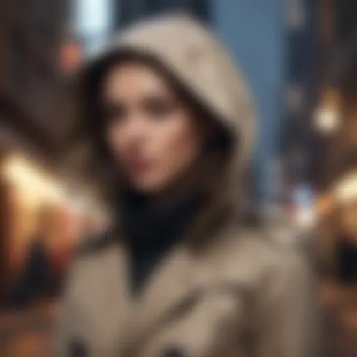 Elegantly draped trench coat with hood in urban setting