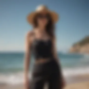 Black linen beach pants styled with straw hat and sunglasses