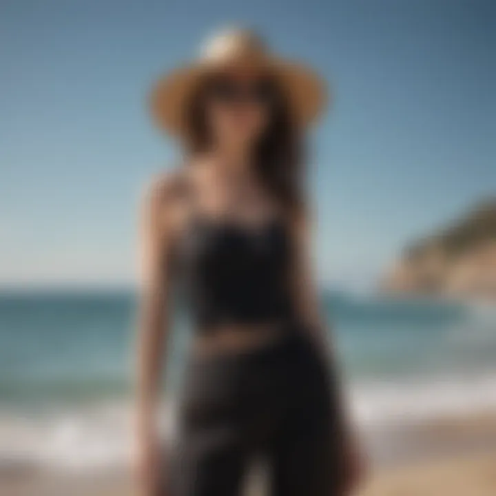 Black linen beach pants styled with straw hat and sunglasses