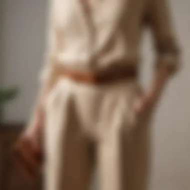 Tan linen pants accessorized with a statement belt and clutch