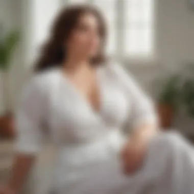 Fashionable plus size woman in white linen wide leg pants sitting confidently