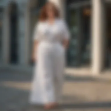 Elegant plus size woman in white linen wide leg pants walking confidently