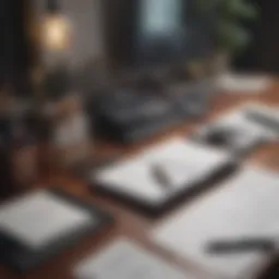 A neatly organized office desk showcasing stationery and documents in order.