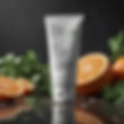 A close-up of an acne face wash tube surrounded by natural ingredients.