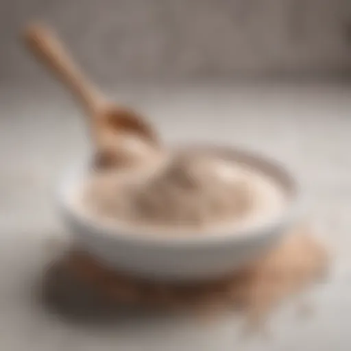 Close-up of collagen powder in a bowl with a wooden spoon