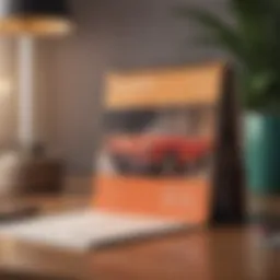 A beautifully designed pocket calendar open on a desk with vibrant colors and artistic elements