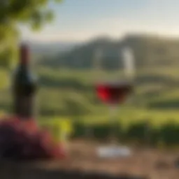 A close-up of a glass of vegan wine set against a vineyard backdrop