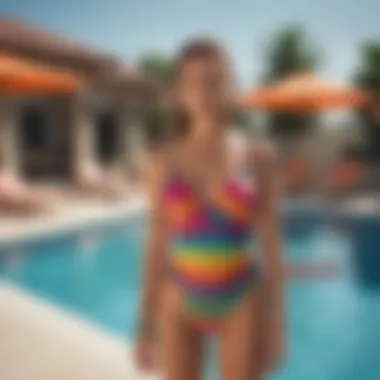 A stylish model showcasing a colorful swimsuit at a sunny poolside