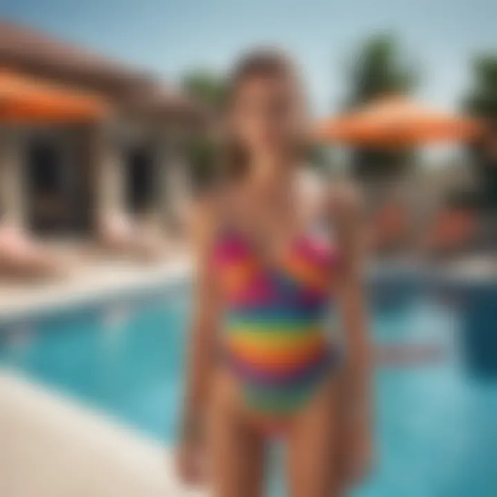 A stylish model showcasing a colorful swimsuit at a sunny poolside
