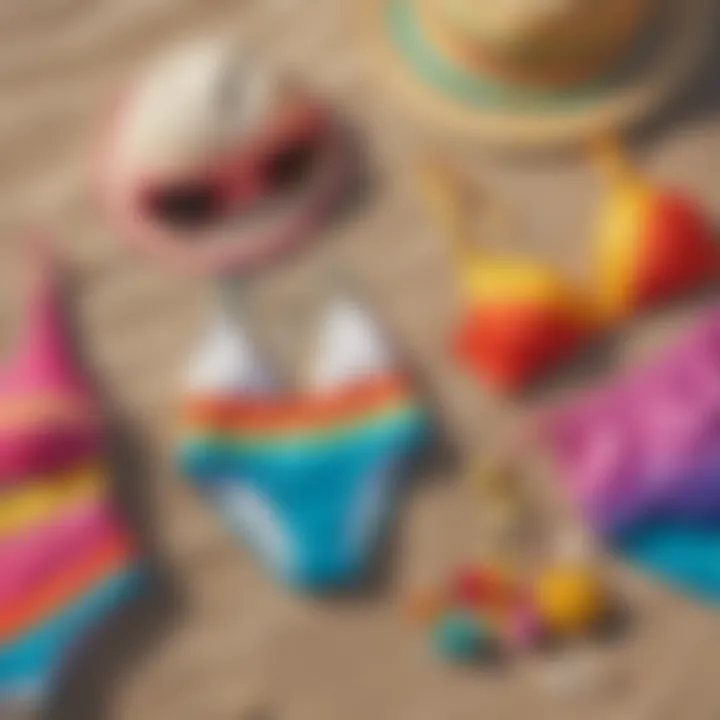 A vibrant assortment of colorful swimsuits displayed on a beach backdrop