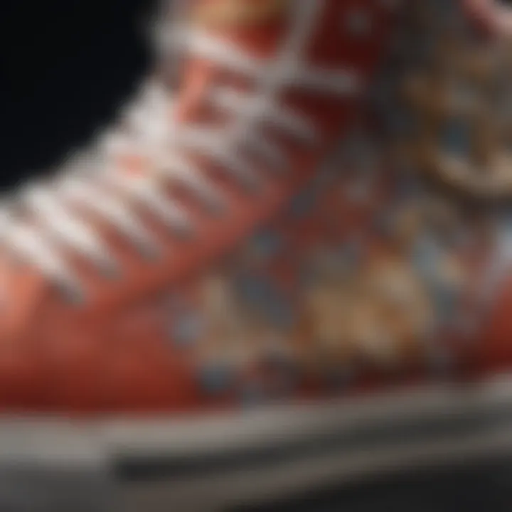 A close-up view of a stylish designer high top sneaker with intricate detailing