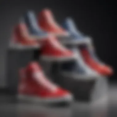 A selection of various designer high top sneakers displayed on a fashion-forward background