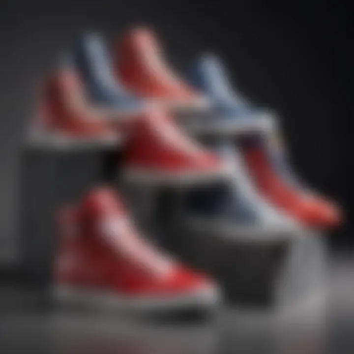 A selection of various designer high top sneakers displayed on a fashion-forward background