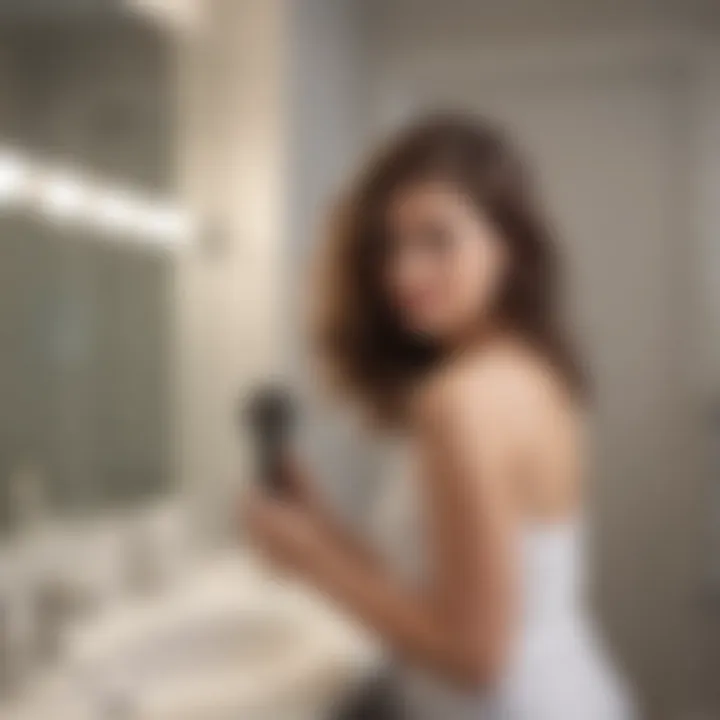 User demonstrating the Drybar Hair Drying Brush in a chic bathroom environment.