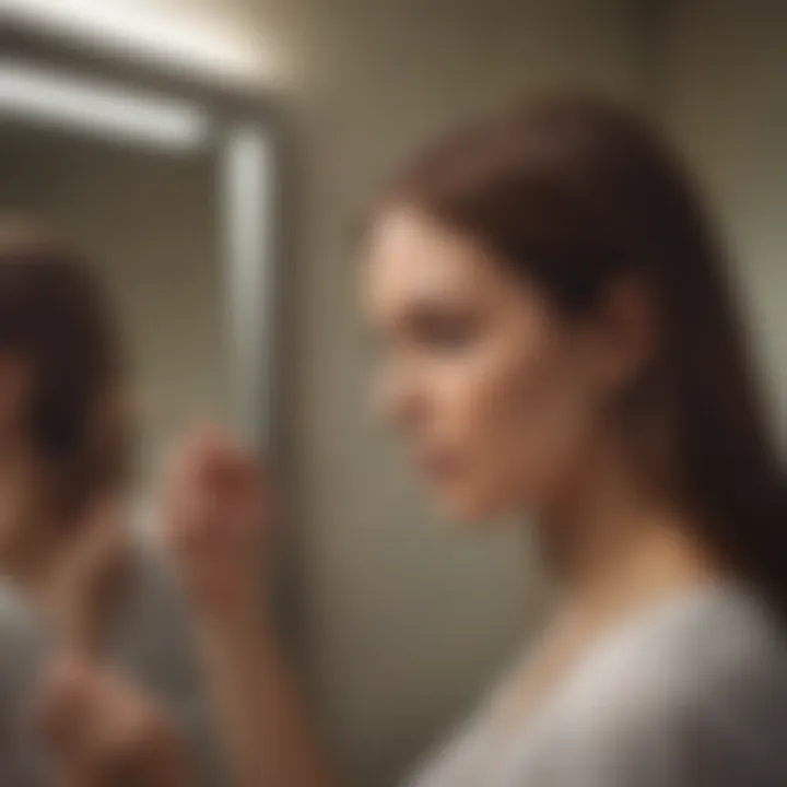 A woman examining her hair in a mirror, showcasing concern for thinning hair