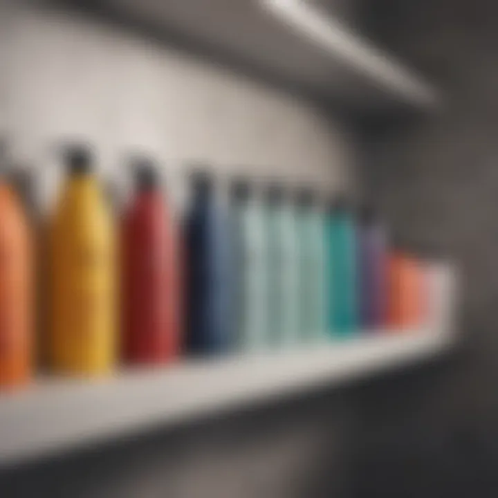 A variety of hair loss shampoos displayed on a bathroom shelf