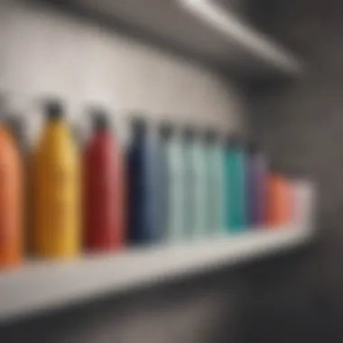 Diverse Range of Hair Loss Shampoos A variety of hair loss shampoos displayed on a bathroom shelf