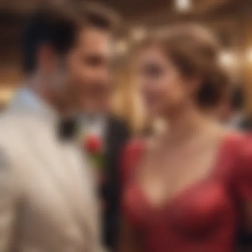 A whimsical scene from a classic romance comedy featuring playful banter between characters.