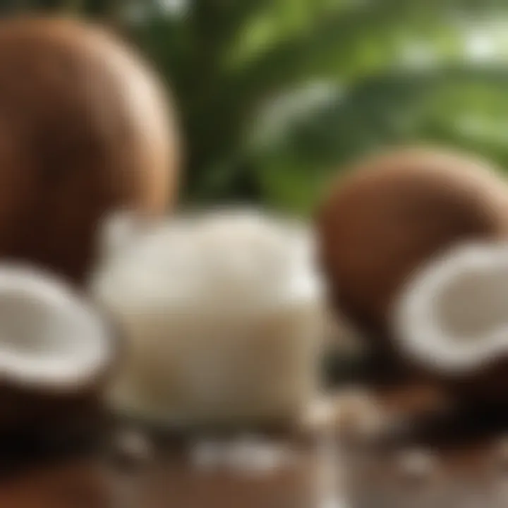 Close-up of a coconut oil jar with fresh coconuts
