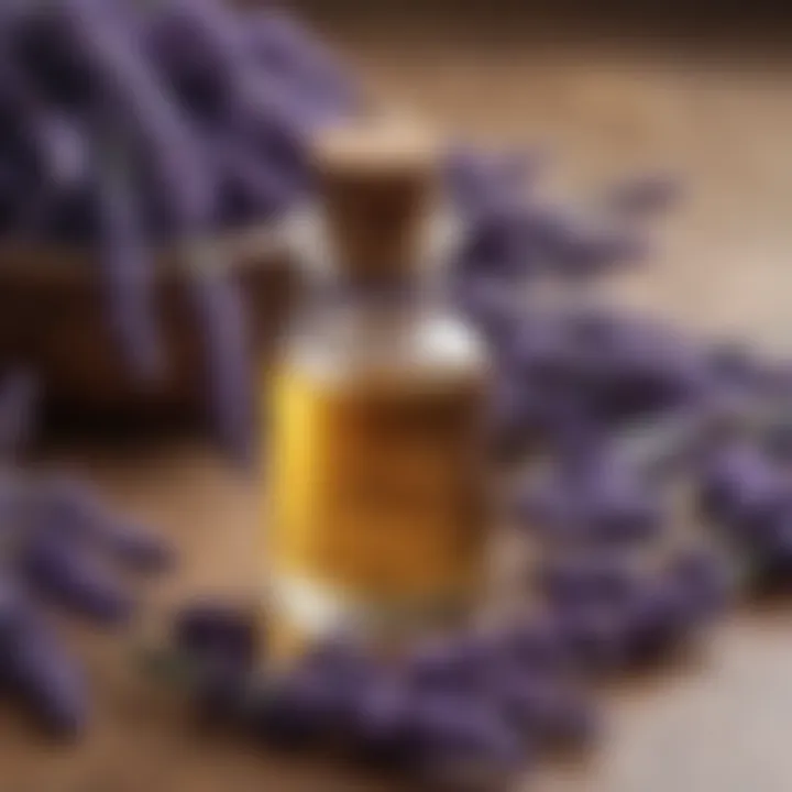 Lavender essential oil with dried lavender flowers beside it