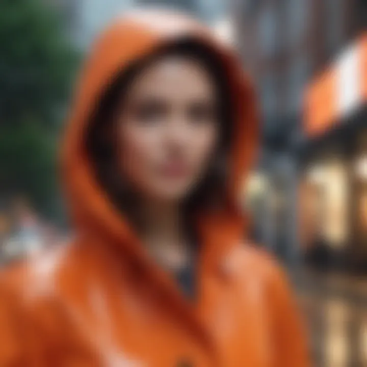 Outdoor scene featuring a model wearing a Jane Post raincoat in the rain