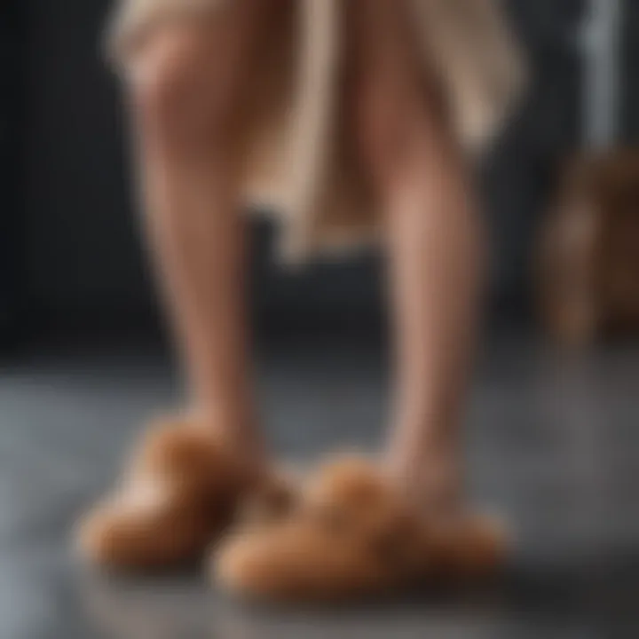 Stylish outfit featuring Louis Vuitton furry slippers