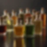 A close-up view of a variety of natural oils in glass bottles, highlighting their textures and colors.