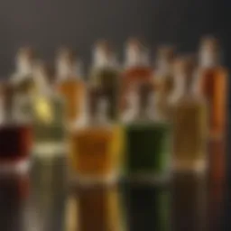 A close-up view of a variety of natural oils in glass bottles, highlighting their textures and colors.
