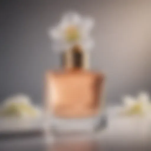 A delicate bottle of light-scented perfume with floral accents