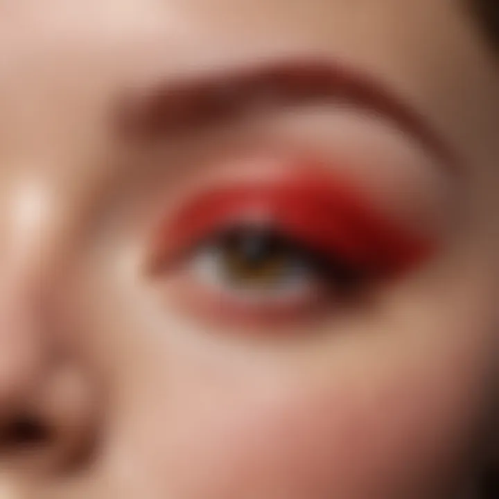 Close-up of red waterproof eyeliner applied on a model's eye