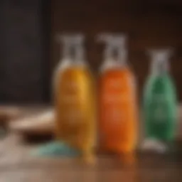 A close-up of shampoo ingredients displayed on a wooden surface, showcasing natural extracts and chemical compounds.