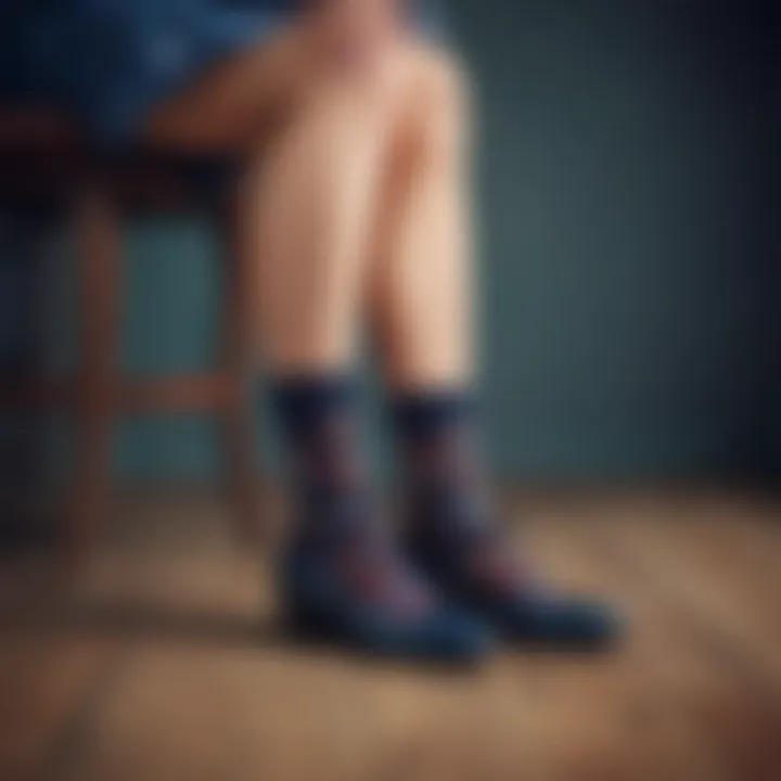 A stylish individual showcasing a unique pair of patterned socks with fashionable shoes.