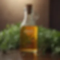 A bottle of vinegar surrounded by fresh herbs