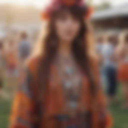 Vibrant bohemian outfit showcasing fringe and floral patterns at Coachella