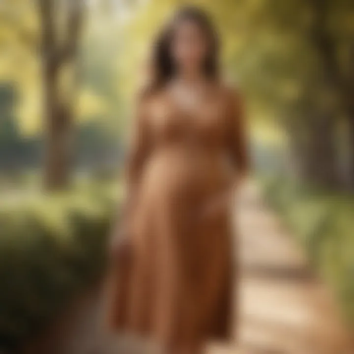 A casual camel maternity dress ideal for everyday wear and outings in a park.