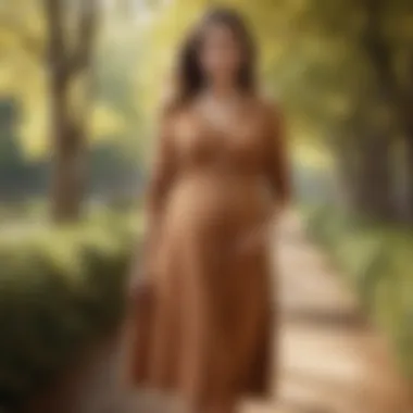 Casual Maternity Dress for Everyday Wear A casual camel maternity dress ideal for everyday wear and outings in a park.
